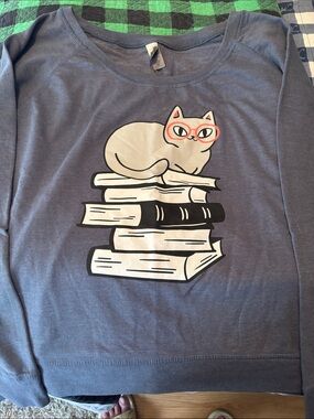 Graphic Cat on Books Long-Sleeve Shirt - Blue